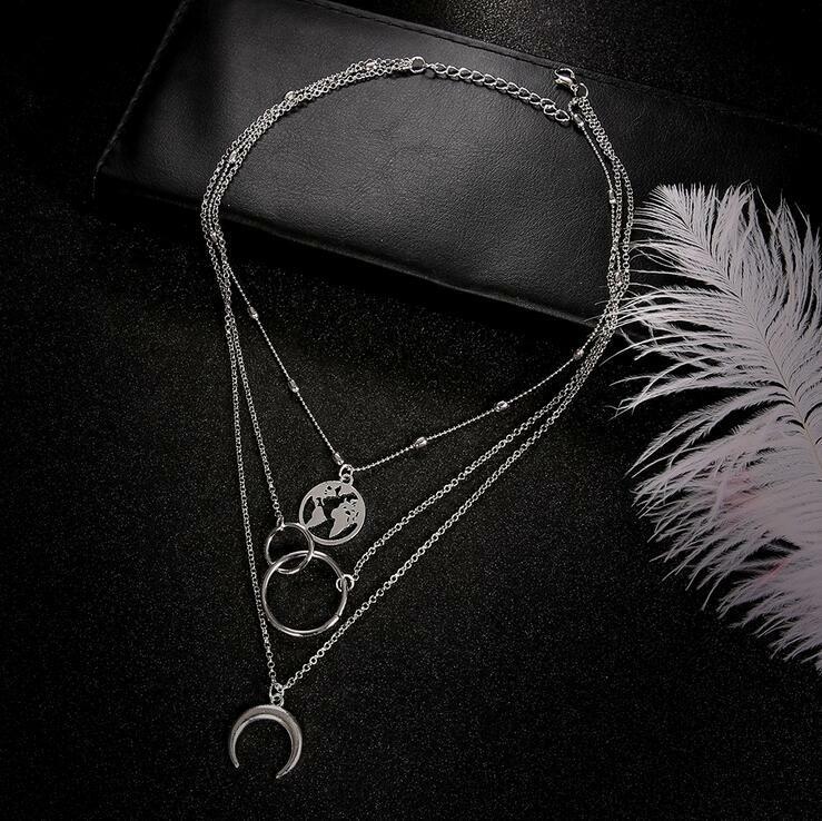 Women Fashion Moon World Map Circle Pendant Multilayer Necklace Jewelry Gifts