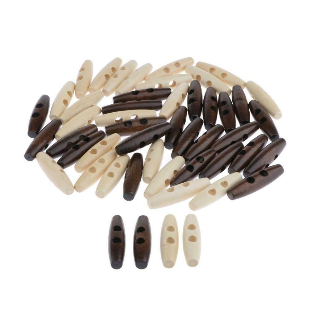 50Pcs Dark Coffee Beige Wood Toggle Buttons Horn Tooth Shape Two Holes For