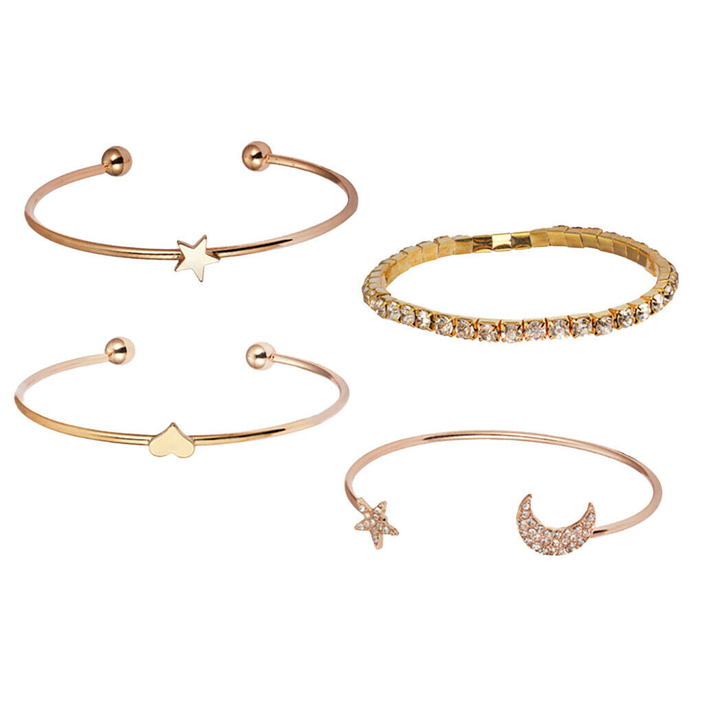 4Pcs Fashion Open Bracelets Delicate Star Moon Heart Rhinestone Bangle Set