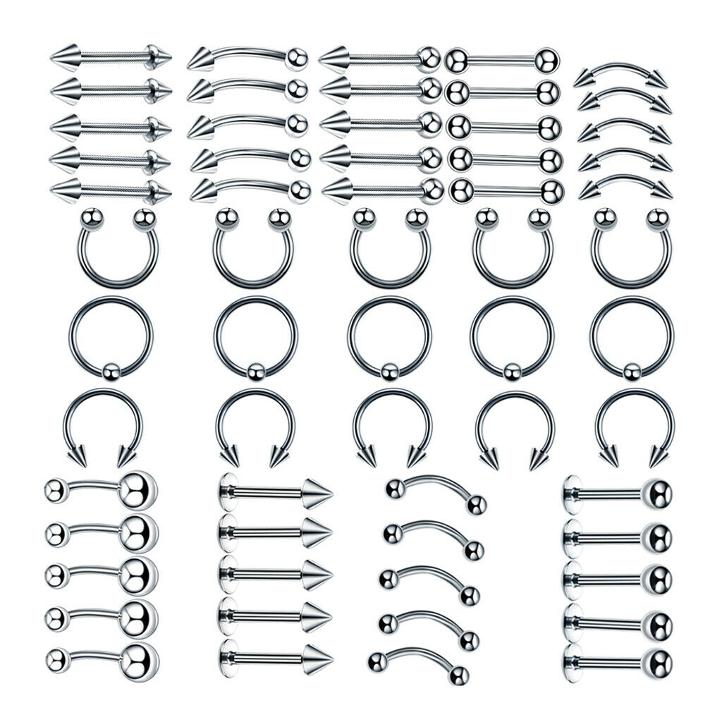 60 Pieces Nose Lip Tongue Eyebrow Tragus Navel Belly Ring Piercings 8mm