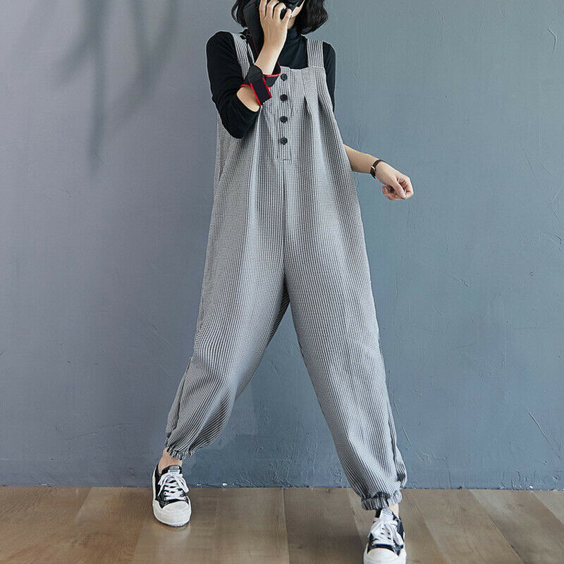 Womens Plaid Baggy Dungarees Overalls Jumpsuit Pockets Loose Romper Pants Casual