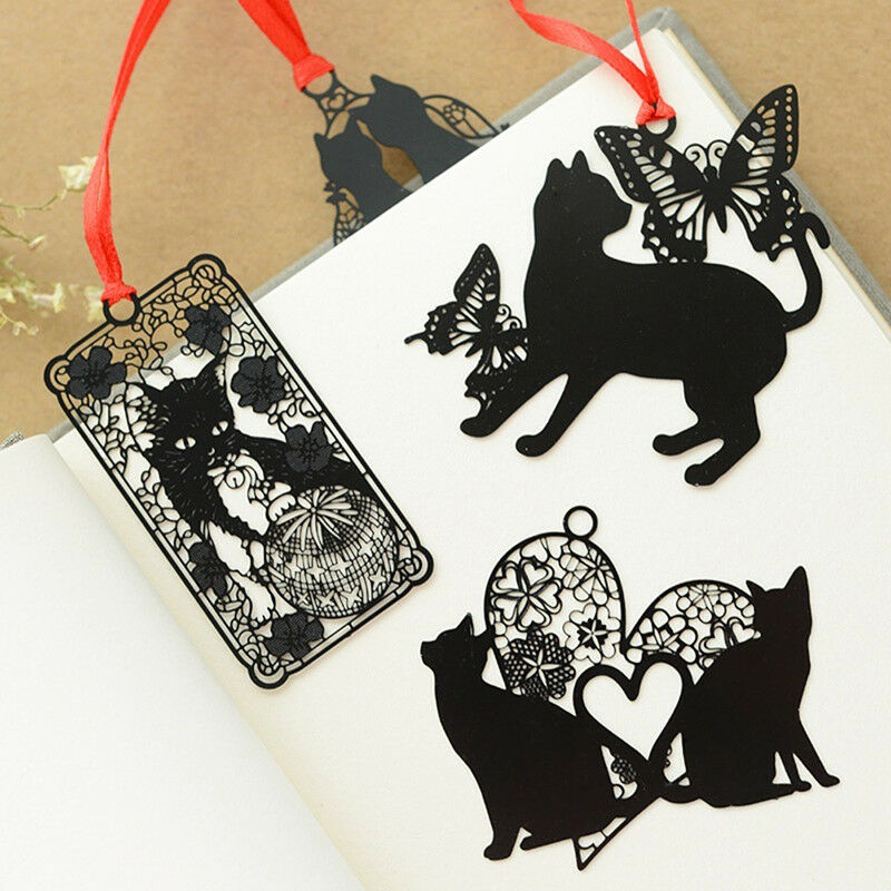 2X Cute Black Cat Metal Hollow Bookmark Holder Paper Marker Stationery SupplyBDA