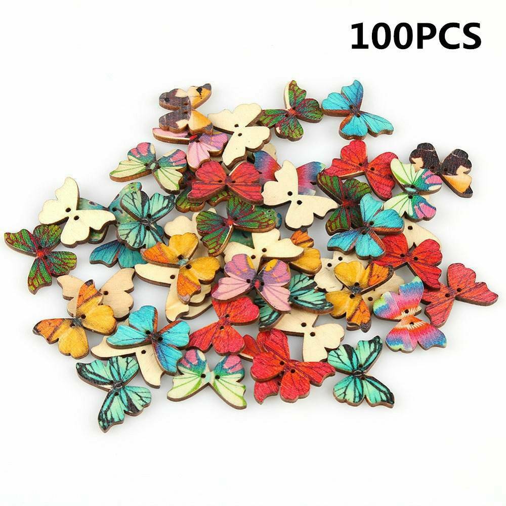 100* DIY 2 Holes Mixed Butterfly Shape Wooden Sewing Mend Scrapbooking Buttons~