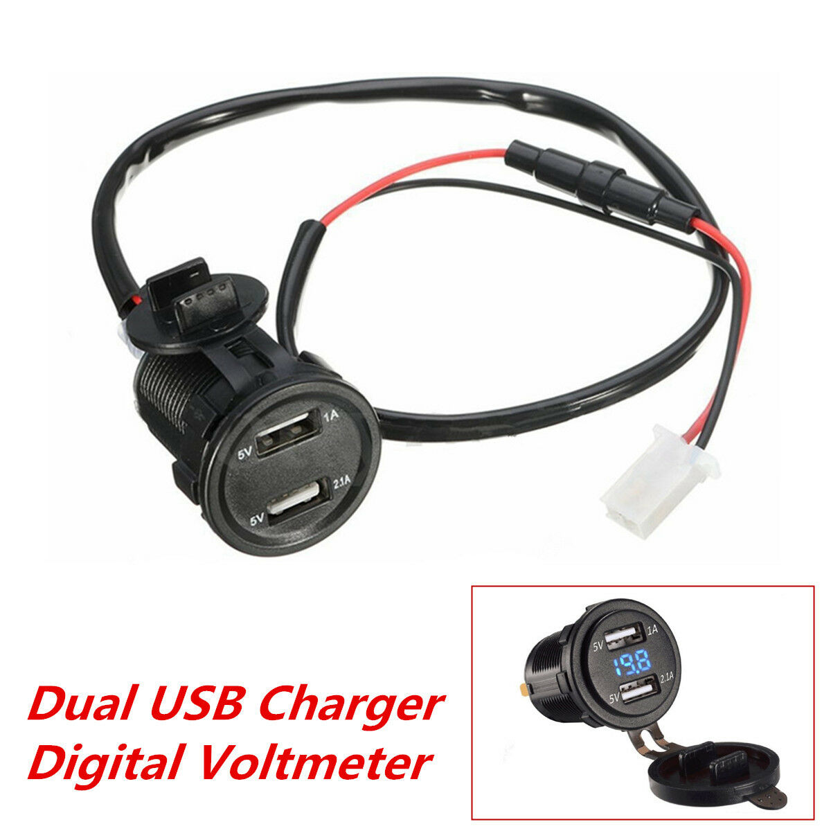 12V Blue LED Car Motorcycle Dual USB Charger Socket & Digital Voltage Voltmeter