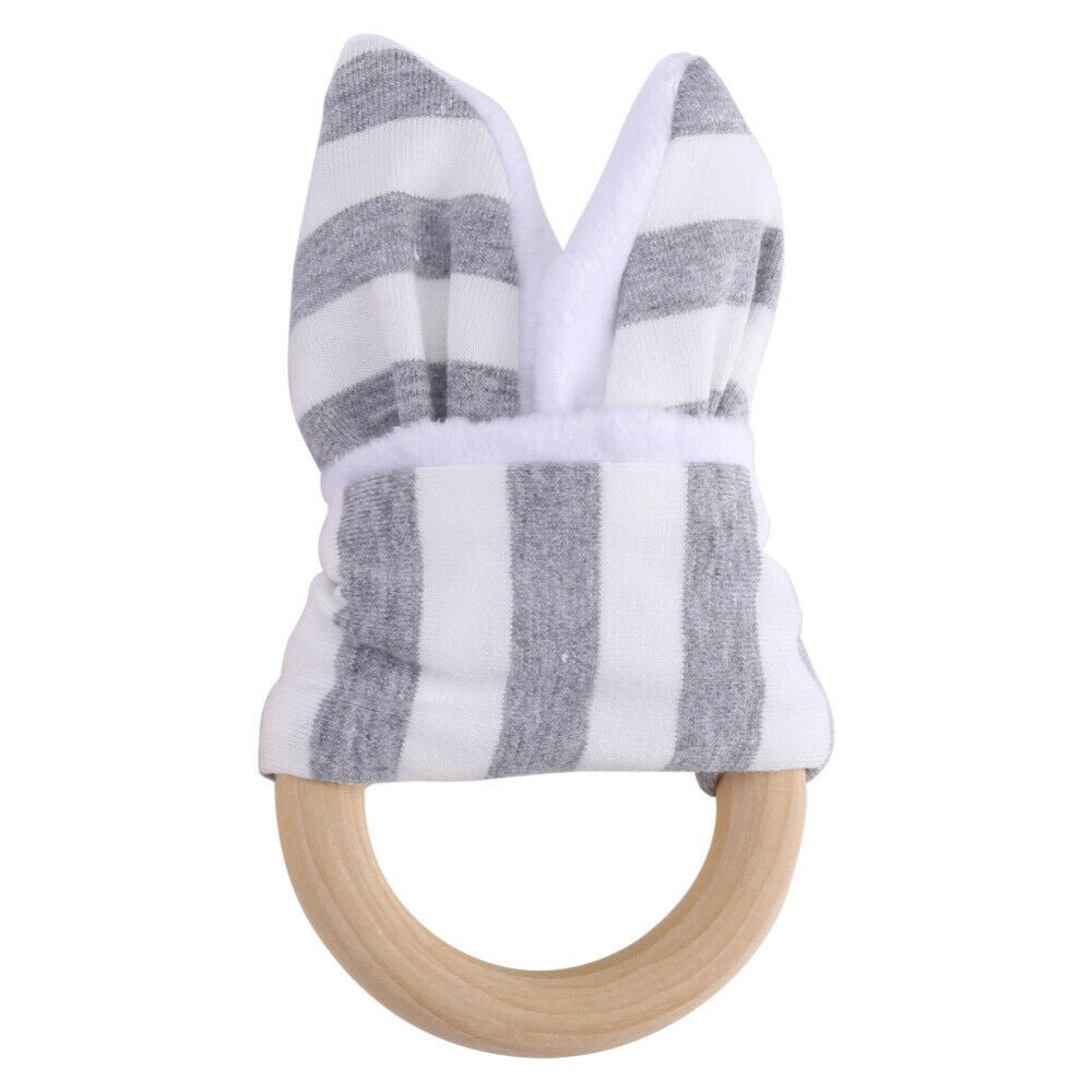 6 Months Baby Rabbit Bunny Ear Teething Ring Safety Wooden Chew Teether Gift