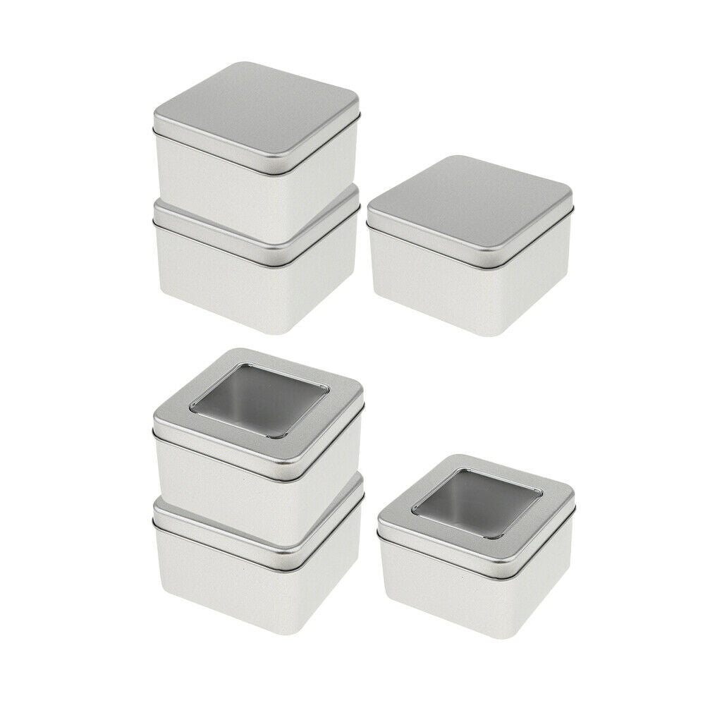 Set of 3 Small Tin Box Container, Square Empty Tin Storage Case (Clear Top,
