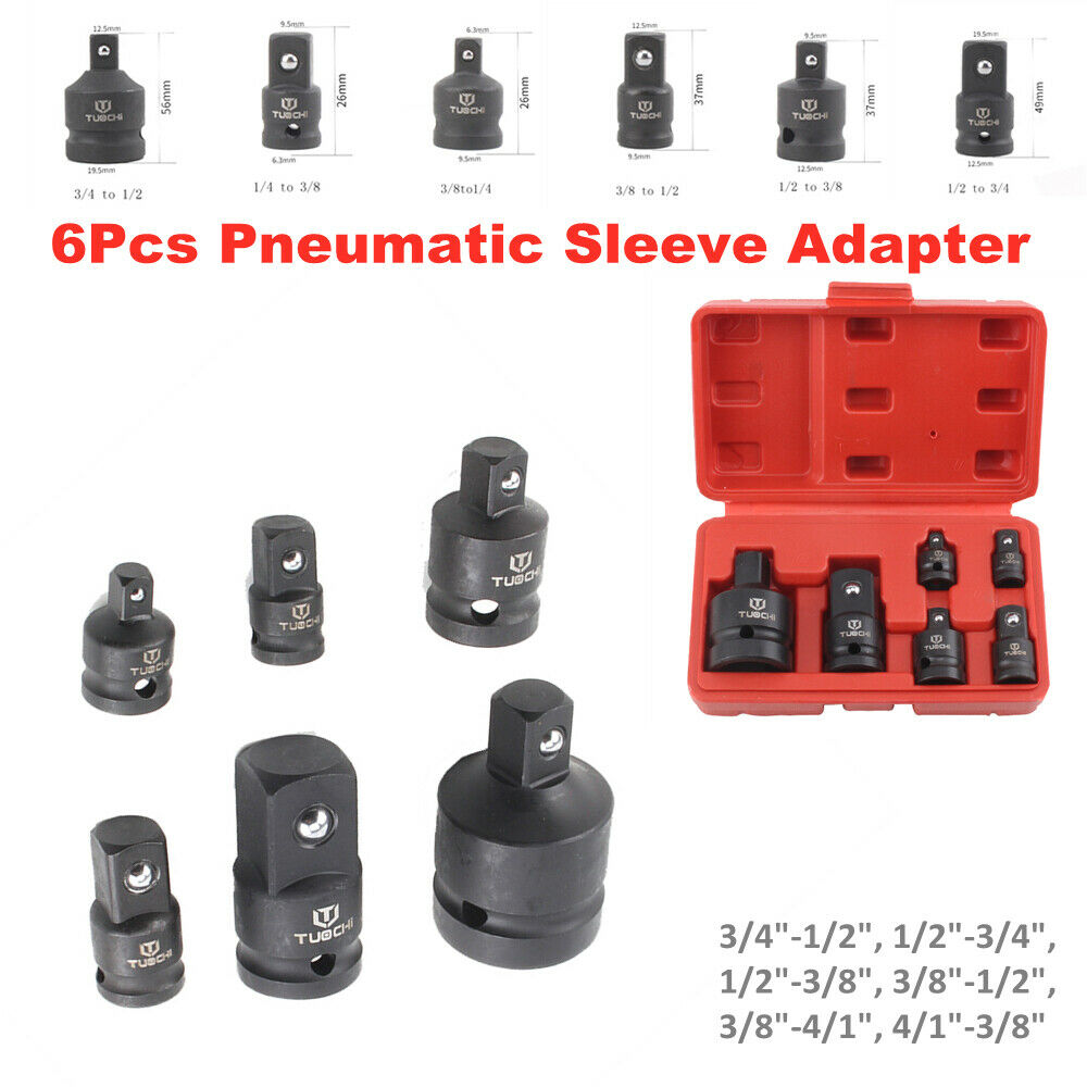 6Pcs Pneumatic 1-3/4-1/2-3/8-1/4 Vanadium Steel 50BV30 Sleeve Hand Tool Adapters