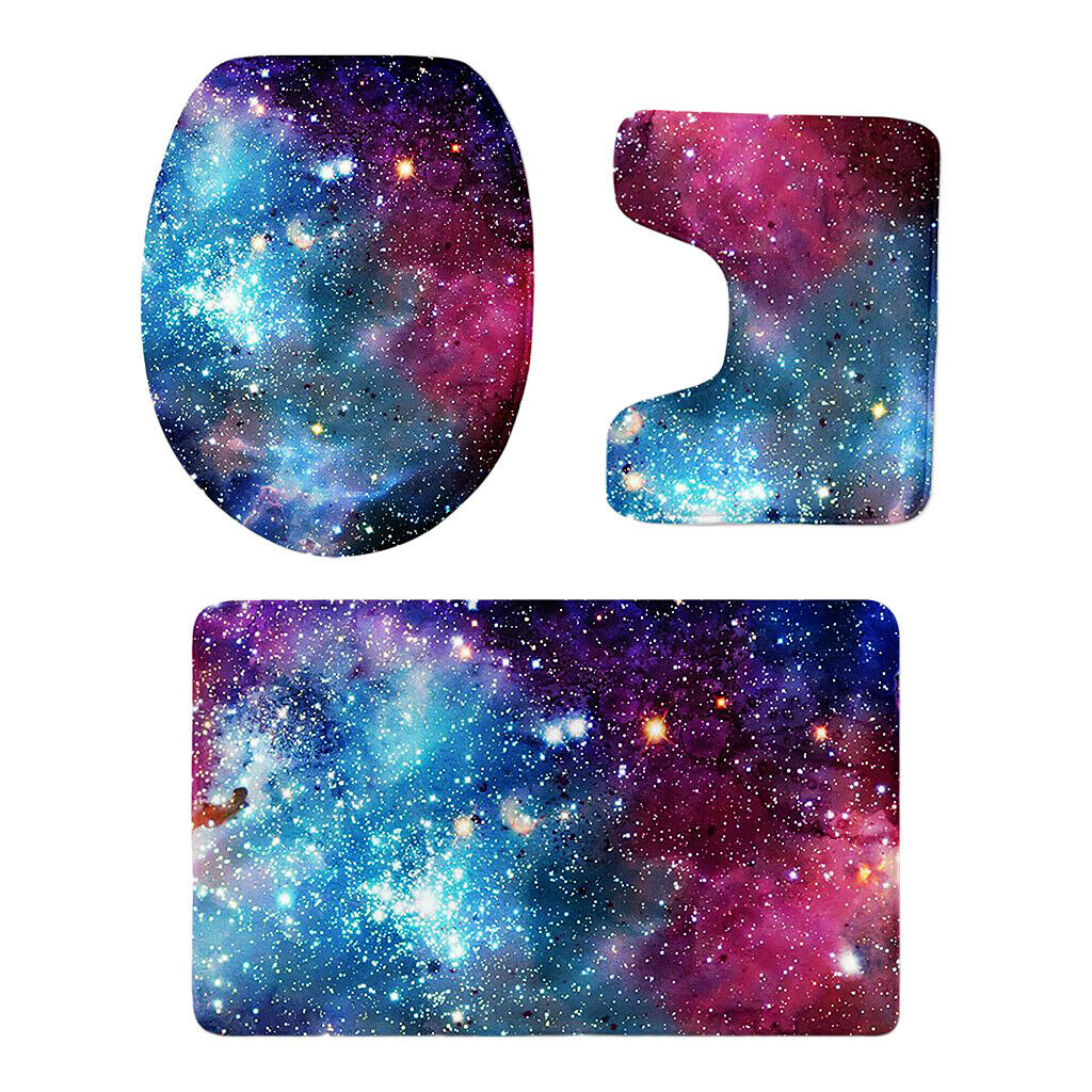 3 Pieces Combo Starry Sky Print Toilet Lid Non Slip Bathmat Bathroom Rug #2