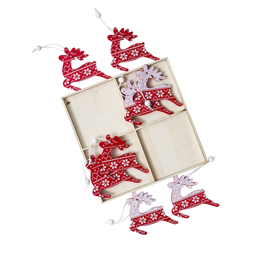 12pcs Christmas Elk Wooden Hanging Tags With Jute Twine In Box Red And White