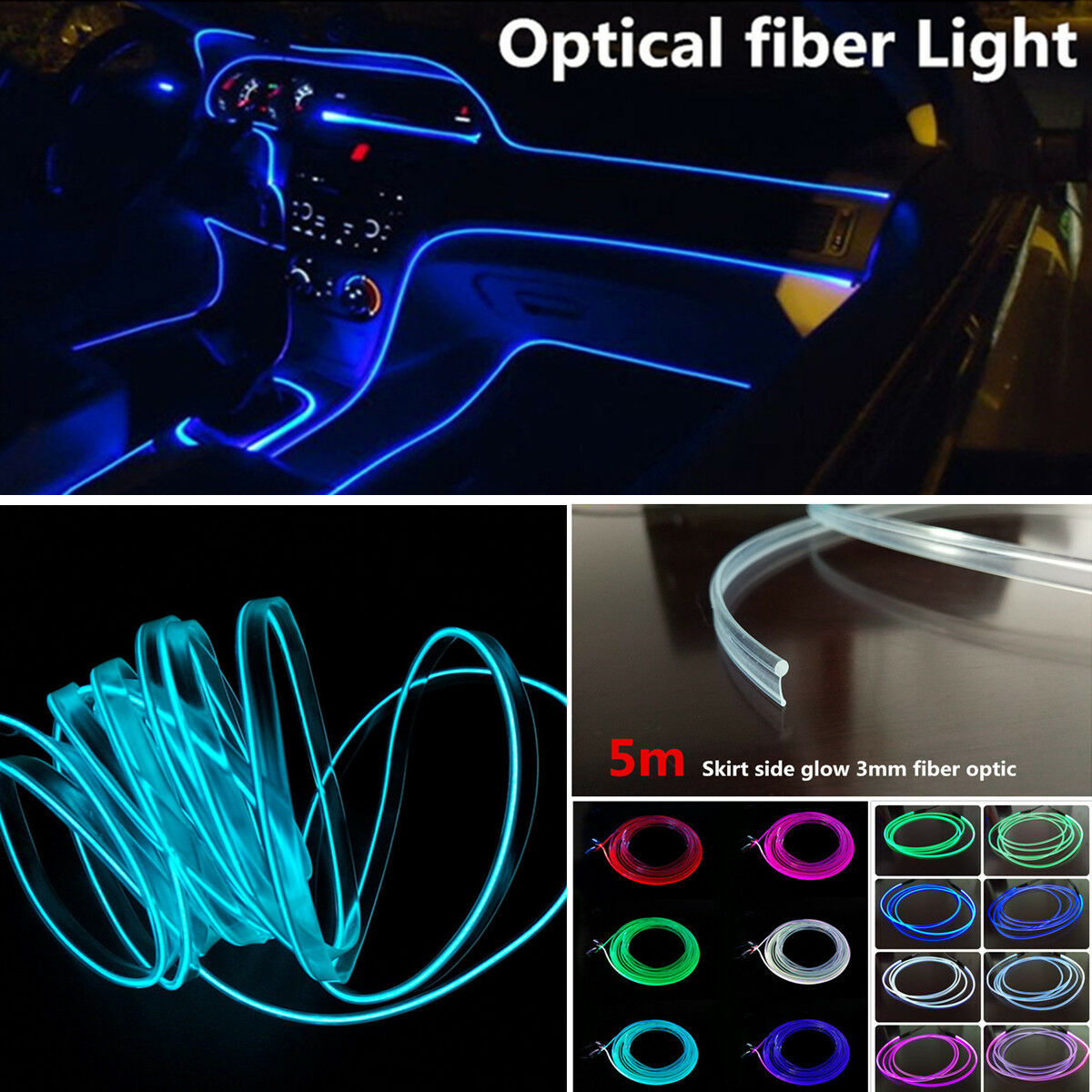 5M 3.0mm PMMA Side Glow Fiber Optic Cable for Car Dash Decor Atmosphere Light