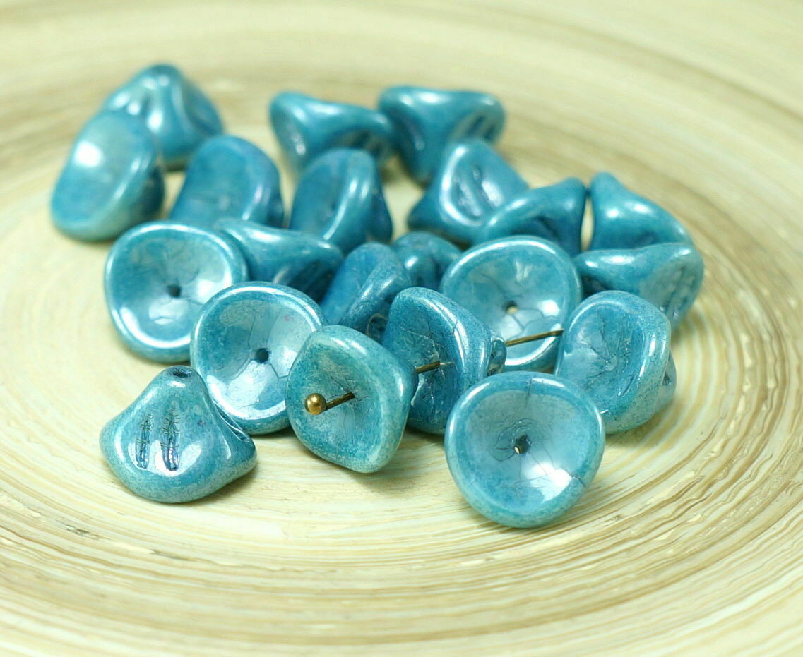Gray Blue Luster Czech Glass Large Bell Flower Beads Lily Of The Valley Flowe...