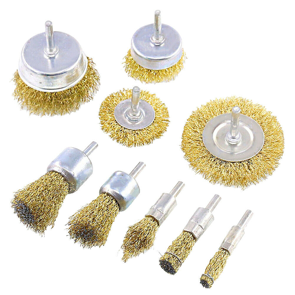 9Pcs Brass Coated Wire Drill Brush Wheel Cup Brush Set 1/4-Inch Shank Rust HN US