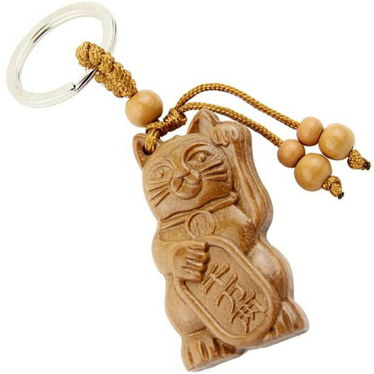 1pc Peach Wood Carving Lucky Fortune Cat Pendant Keychain Key Ring Bag Decor