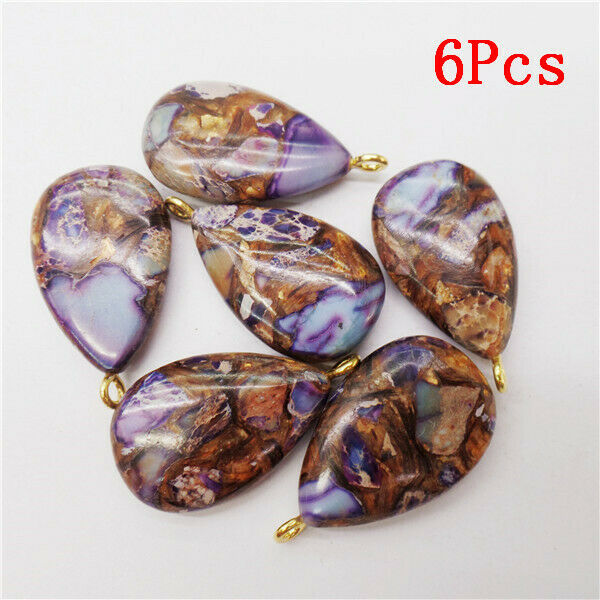 6Pcs 27x16x6mm Purple Sea Sediment Jasper & Pyrite Teardrop Pendant Bead HH8718