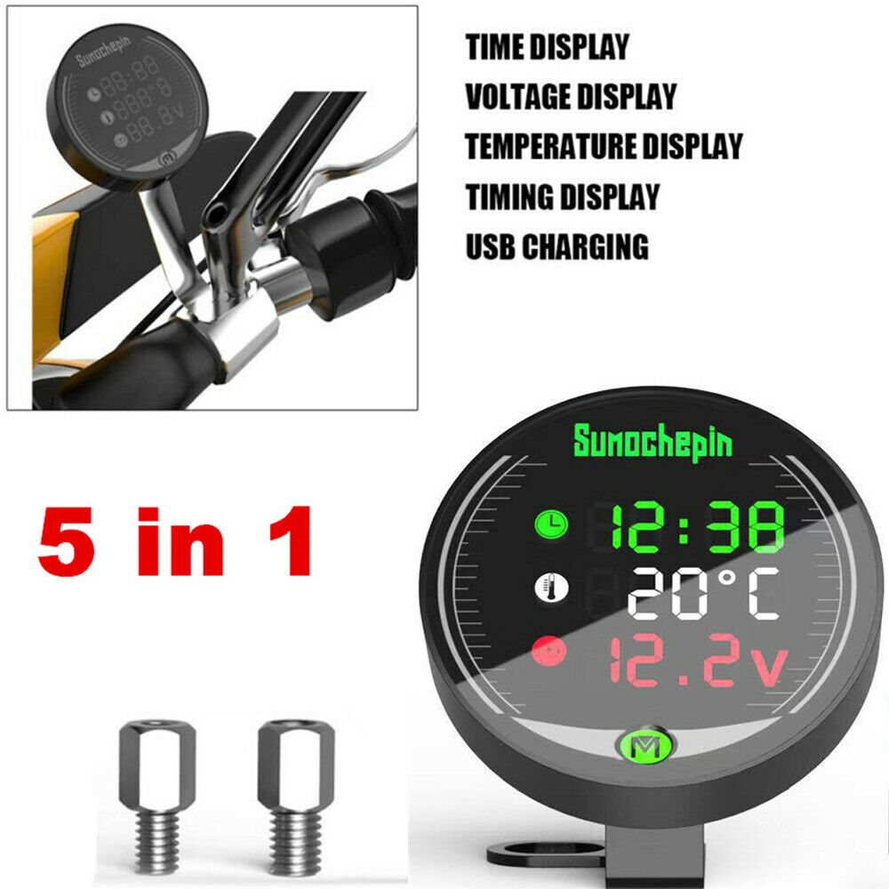 Universal Motorcycle ATV Voltmeter Thermometer LED Clock Display USB Charger