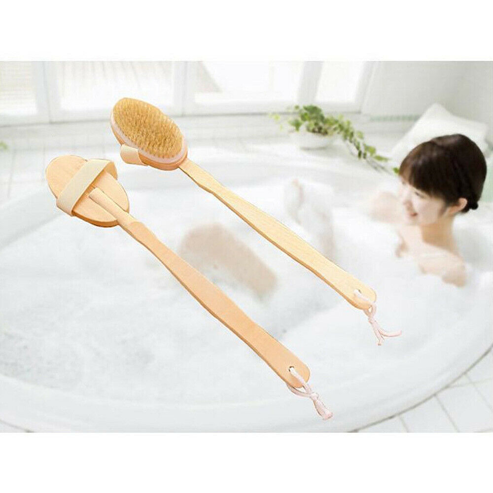Bath Brush Shower Wood Long Handled Soft Bristle Back Scrubber Body Skin Rubbing