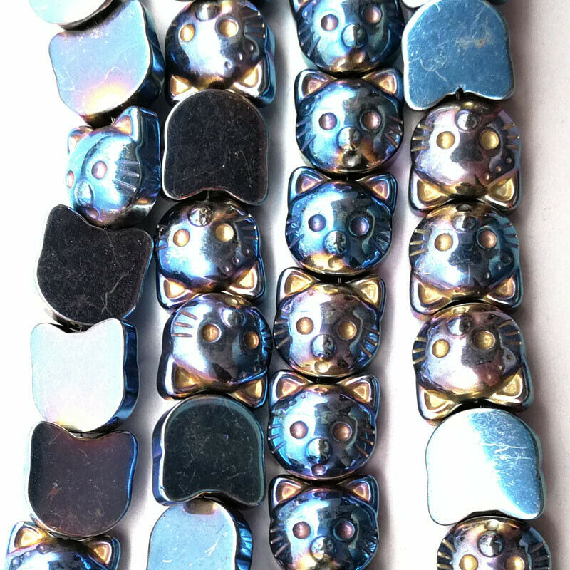 One Strand 8x8x4mm Carved Sky Blue Hematite Gem Cat Head Loose Bead 15.5 " A55TS