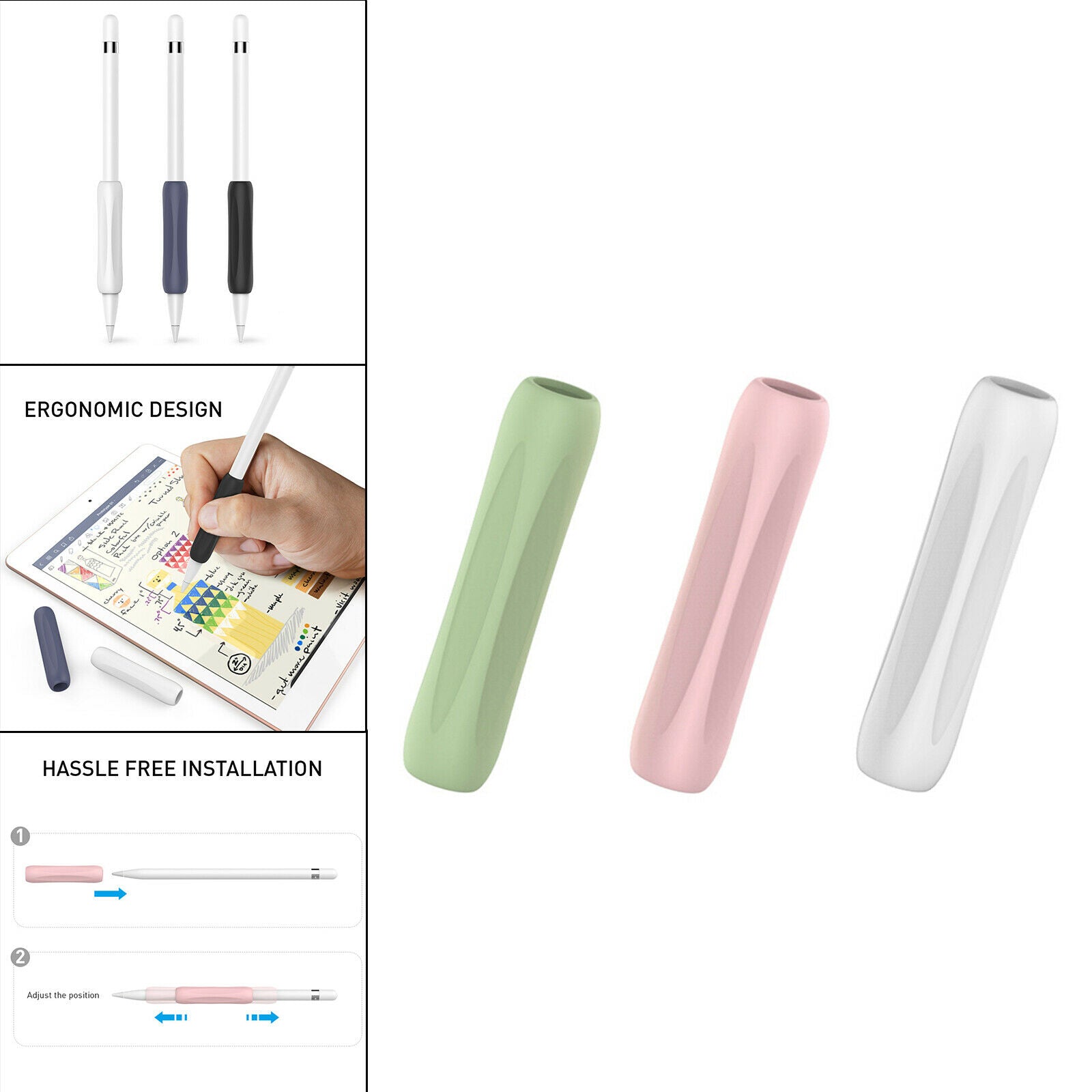 3x Touch Screen Pen Cover Sleeve Case Anti-Slip Grip Pink Green White