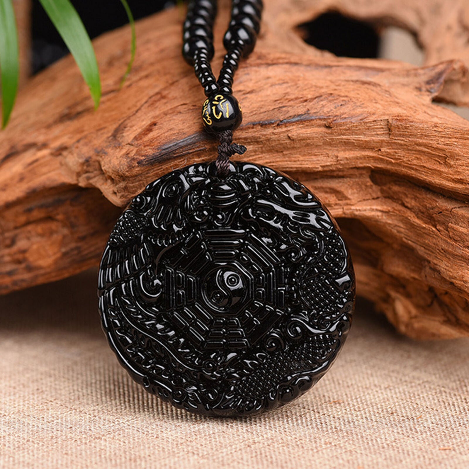 Men's Natural Obsidian Handmade TaiJi BaGua Lucky Pendant Beads Chain Necklace