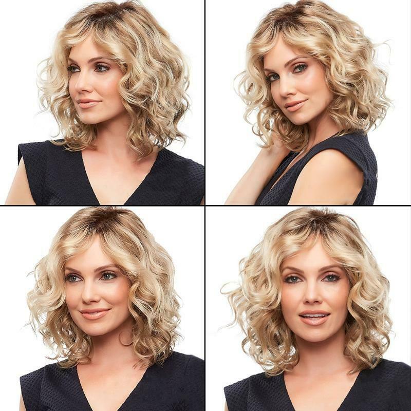 Women Fashion Short Blonde Curly Wigs Side Part Wavy Hair Shoulder Length Casual