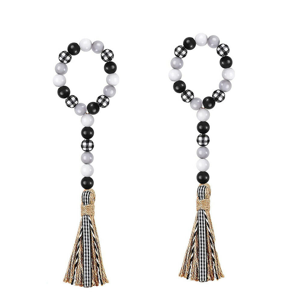 3PCS Black&White Plaid Wood Bead Garland with Tassel Home Bed Hanging Decor