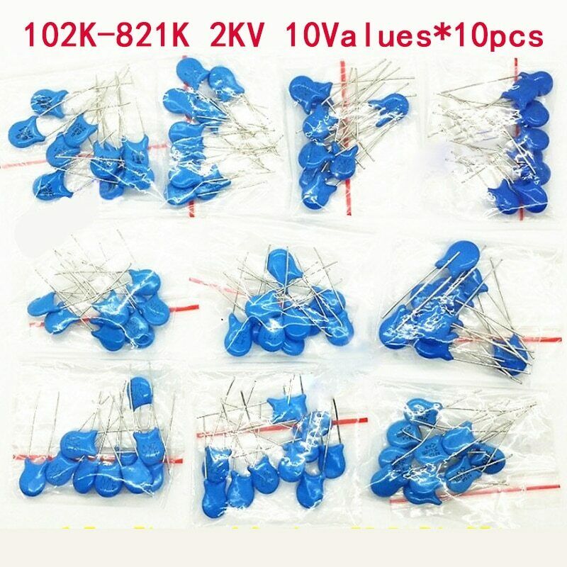 100Pcs 2KV 10 Values High-voltage Ceramic Capacitor Assorted Kit  2KV 102K-821K