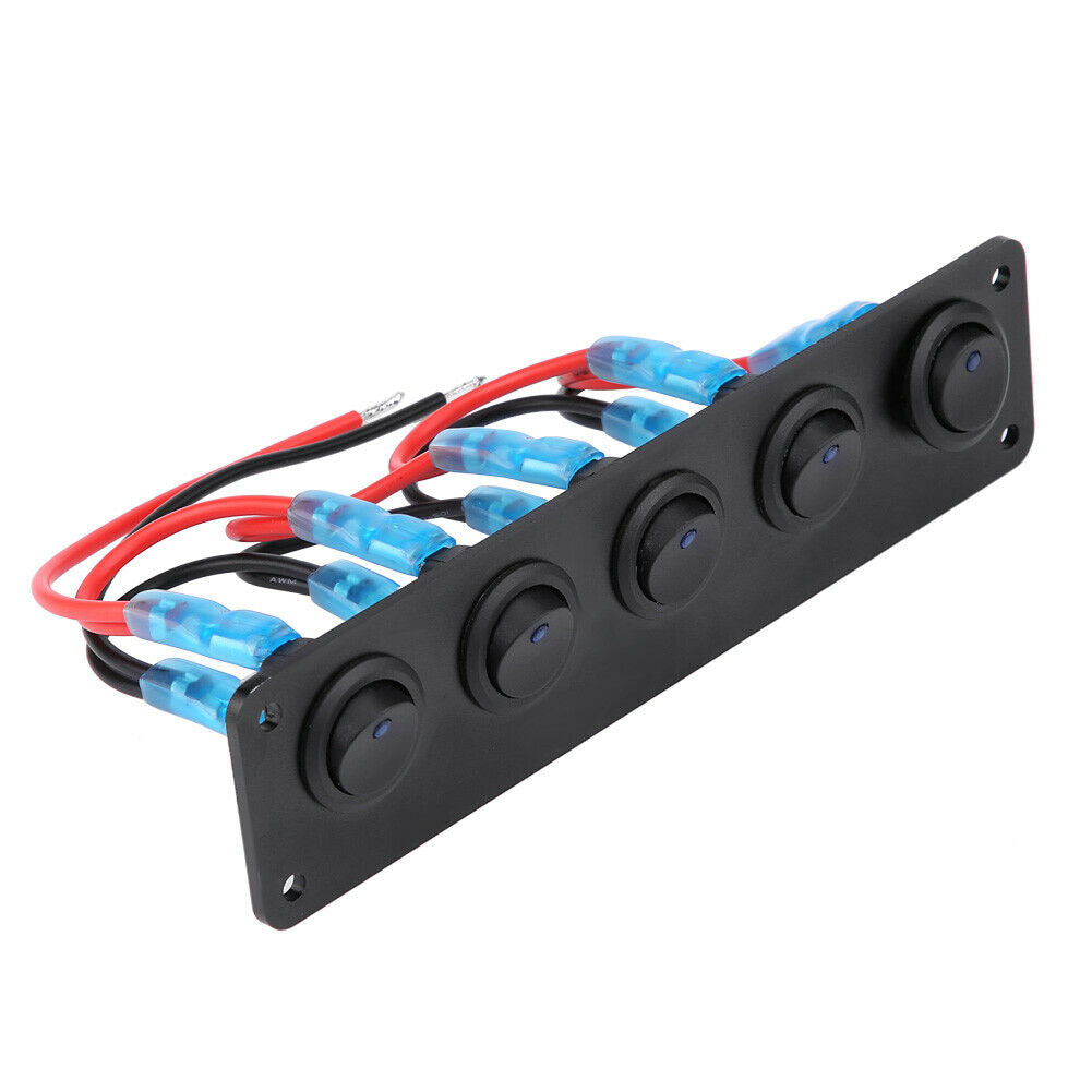 12-24V 5 Gang Rocker Toggle Switch Panel Blue LED For RV Boat Truck Yacht Marine