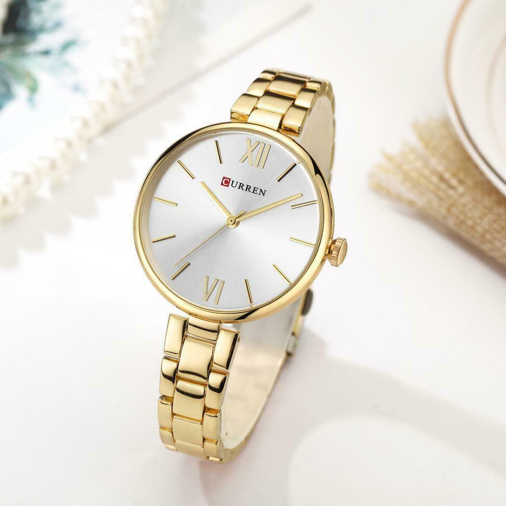 Women watch steel belt waterproof quartz fashion watch Golden and White