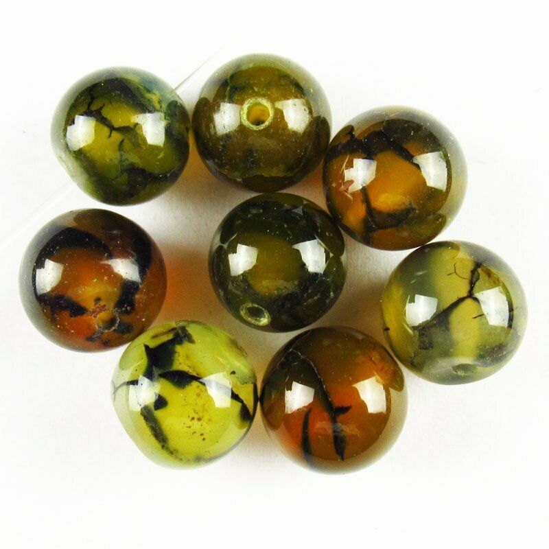 10mm Yellow Black Fire/Dragon Veins Agate Ball Loose Bead 15.5 inch A-556TZ