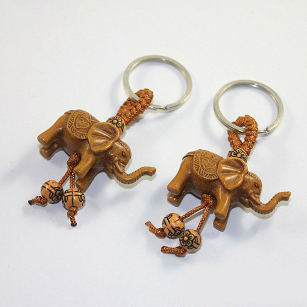 Handmade UNIQUE Lucky Elephant Carving Wooden Pendant Keychain Key Ring Gift