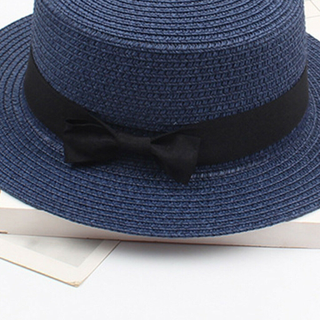 Church Bow Fedora Hat Breathable Wide Brim Sun Hat Summer Beach Navy