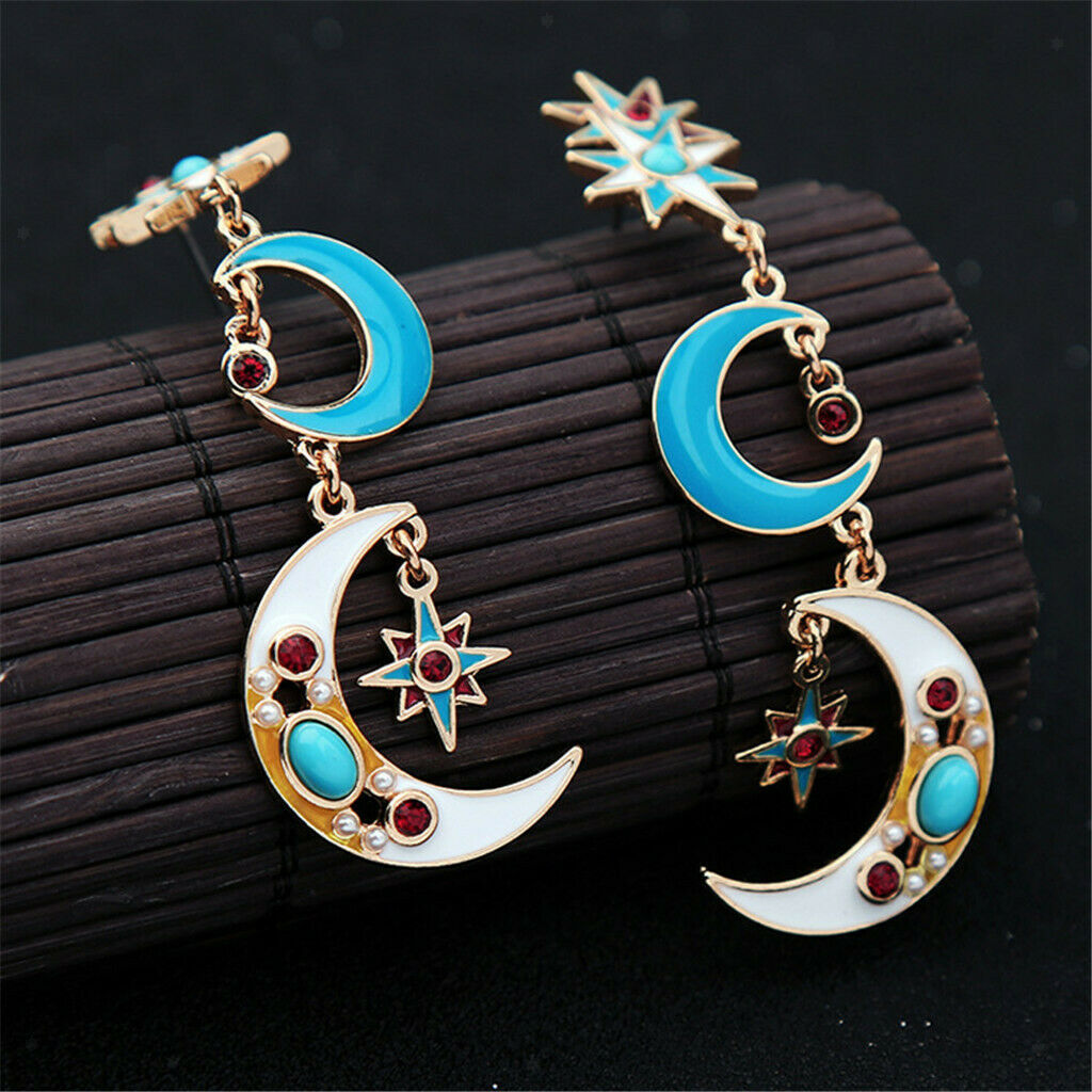 Metal Alloy Cute Charms Long Tassel Earrings Enamel Star Moon Stud Dangle
