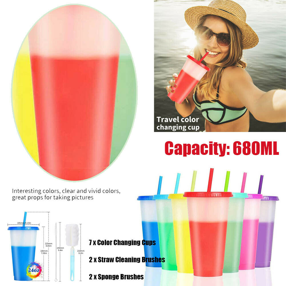 Reusable Color Changing Cups 7pcs Cold Drinks Travel Tumbler with Lid Straw 24oz