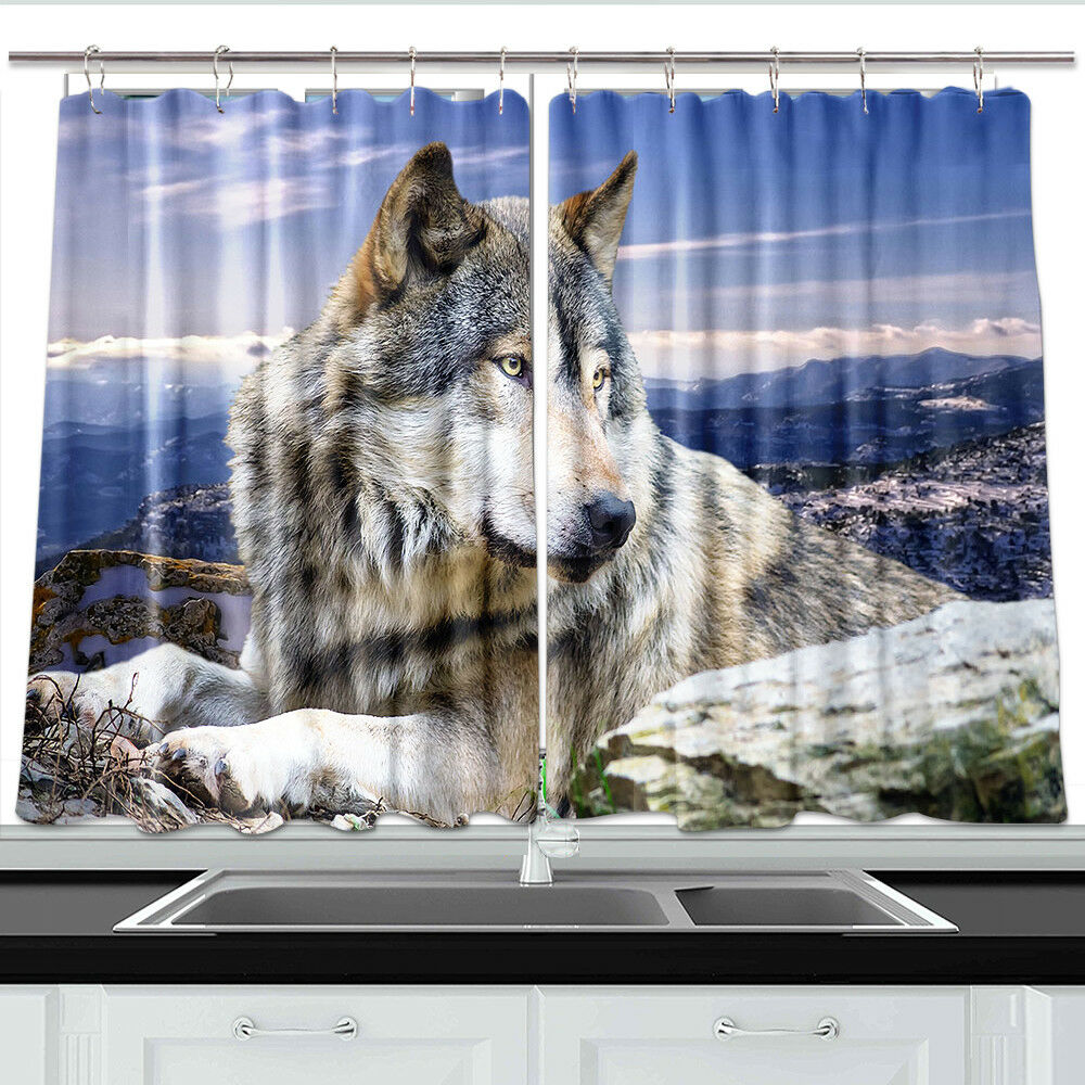 Animal Wolf Window Curtain Treatments Kitchen Curtains 2 Panels, 55X39"