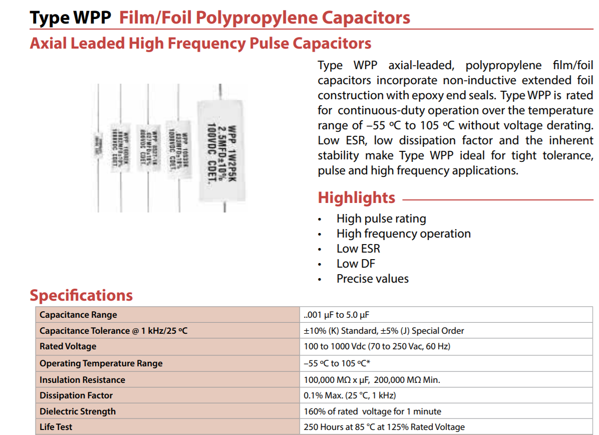 2pcs - Cornell Dubilier (CDE) WPP 0.047uF 400V 5% WPP4S47J Axial Film Capacitor