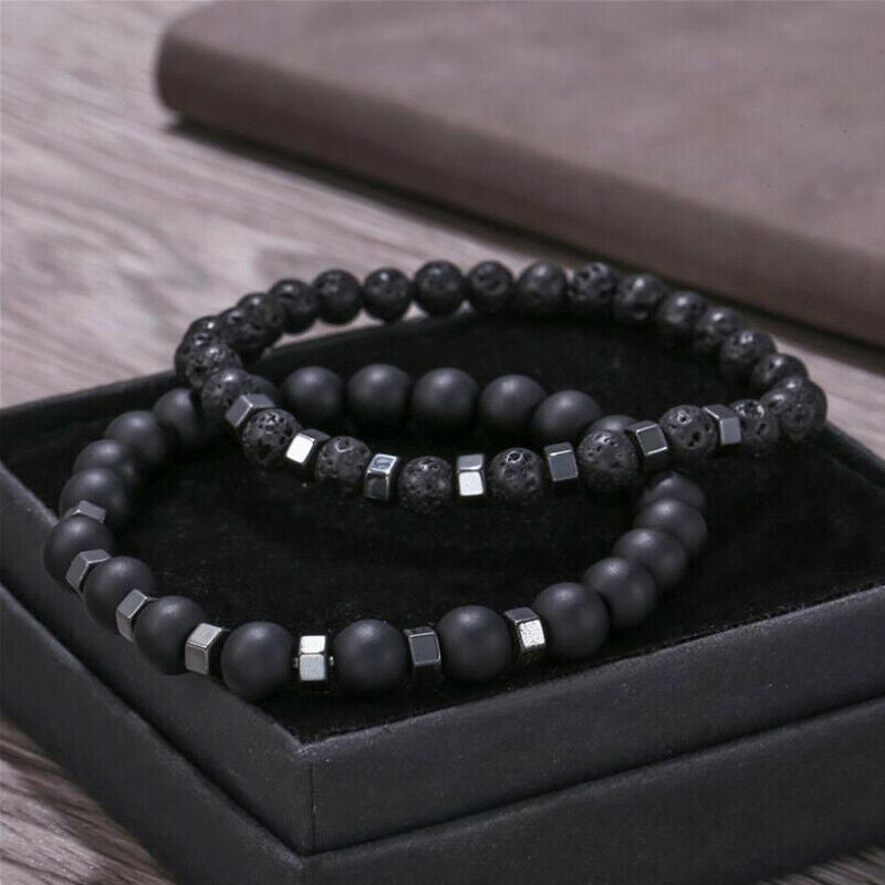 2Pcs/Set Natural Lava Stone Rock Volcanic Beads Elastic Bracelet Men Jewe.l8