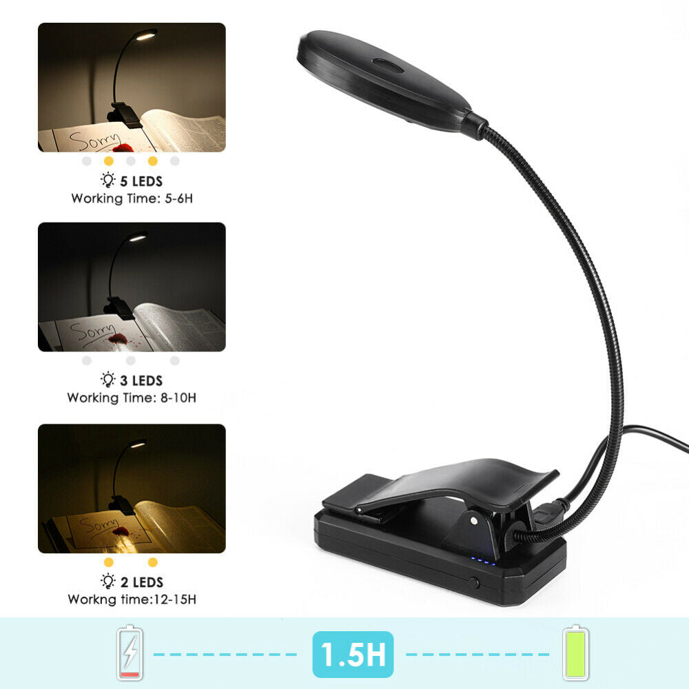 USB Rechargeable LED Book Light Flexible Clip On Book Light Night Reading Lamp