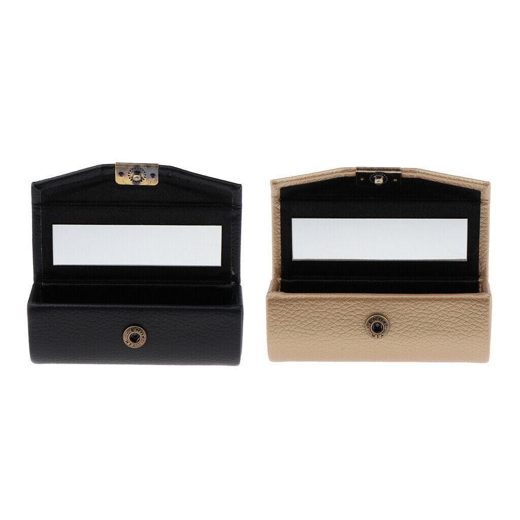 2Pcs Leather Lipstick Case Holder Storage Box with Mirror for Purse Pocket
