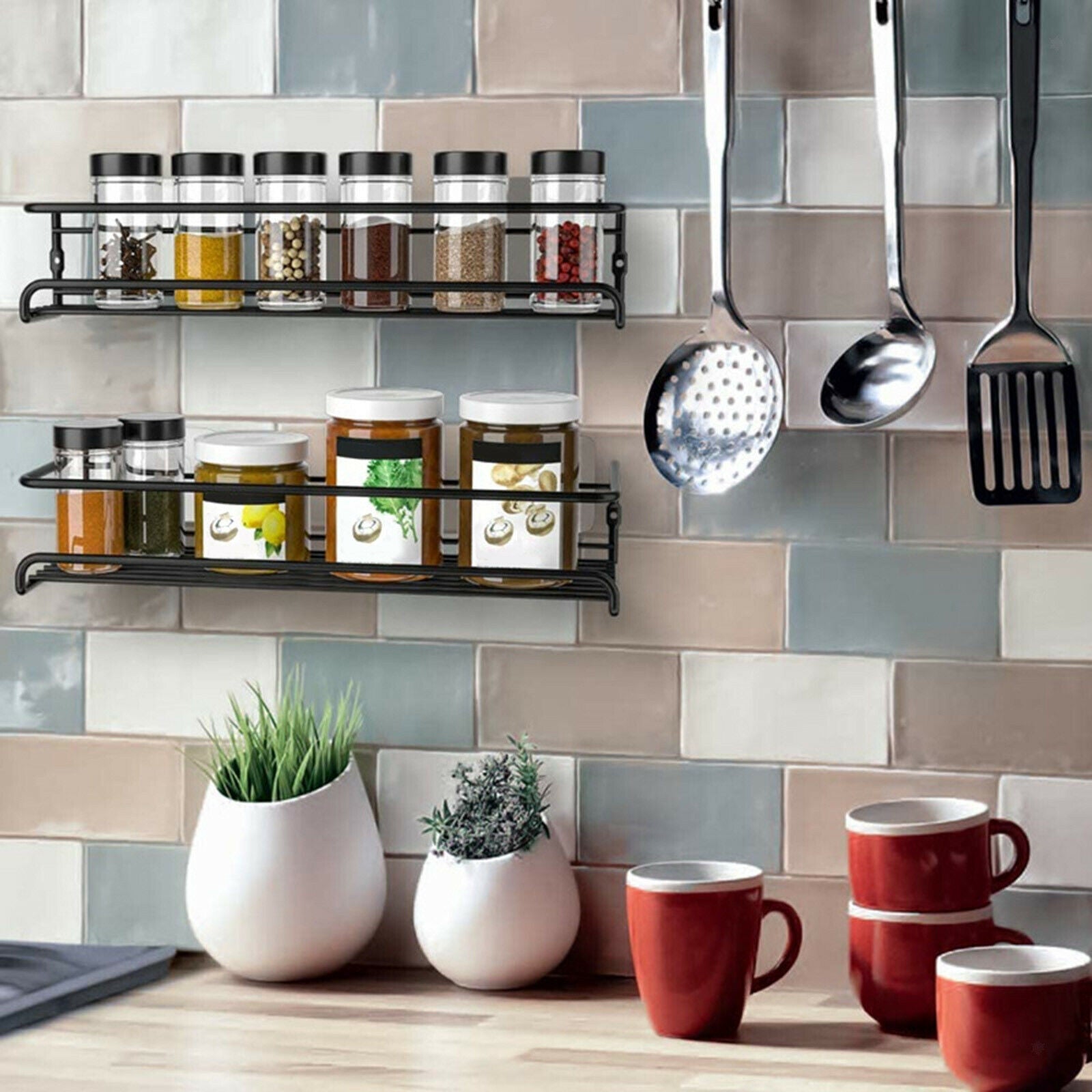 Set of 2 Durable Black Hanging Spice Shelves Storage Rack Kitchen