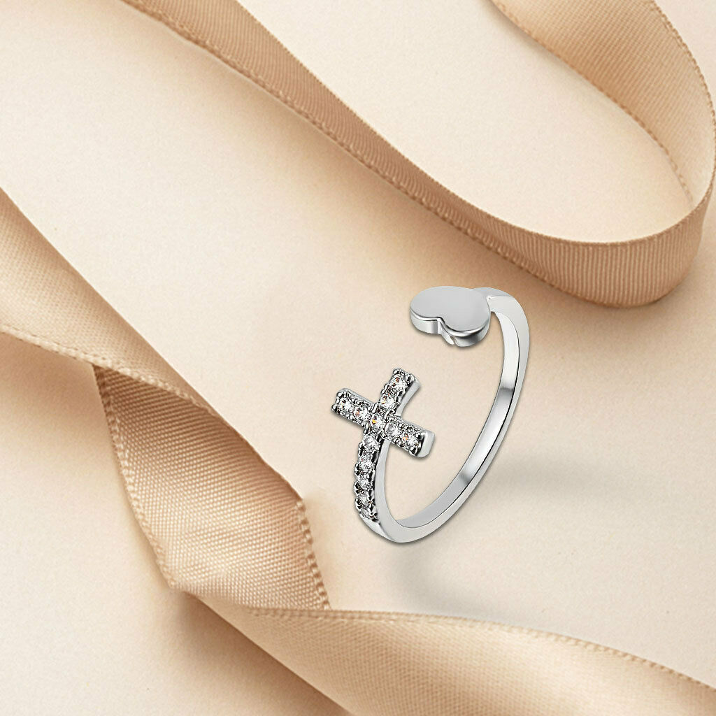 Cross Heart Rings Rhinestone Fashion Opening Rings Jewelry for Women Girls