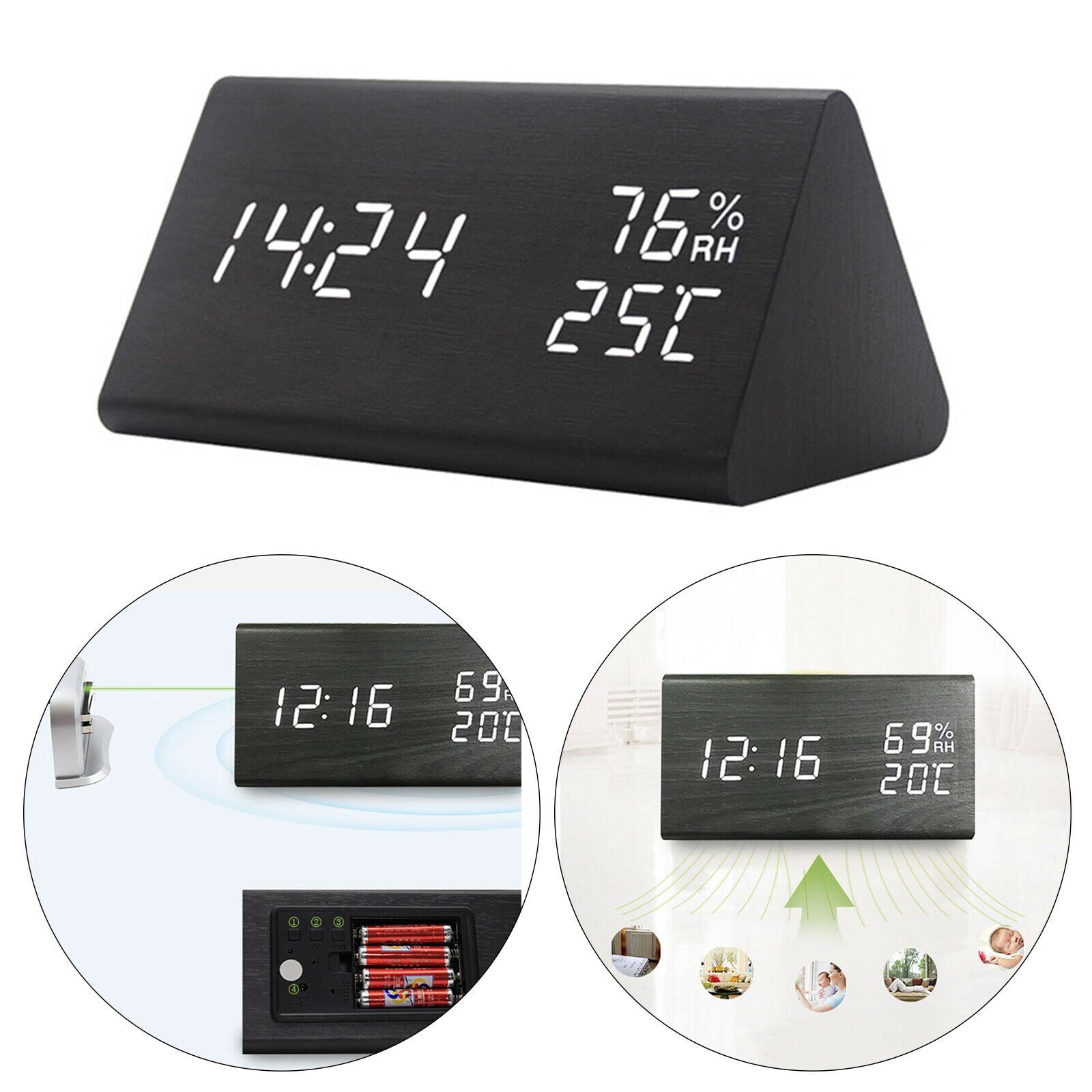 Large Wooden LED Digital Alarm Clock Dimmer USB Charging Bedroom Clocks