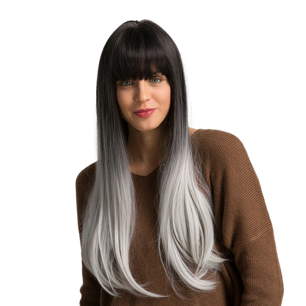 24'' Women Long Straight Wig Heat Resistant Natural Looking Wig w/ Neat Bang