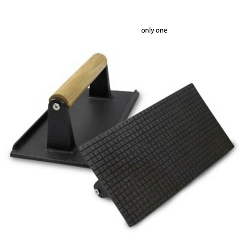 Rectangle BBQ Tool Cast Iron Wooden Handle Steak Plate Meat Press Grill FrieT8F8