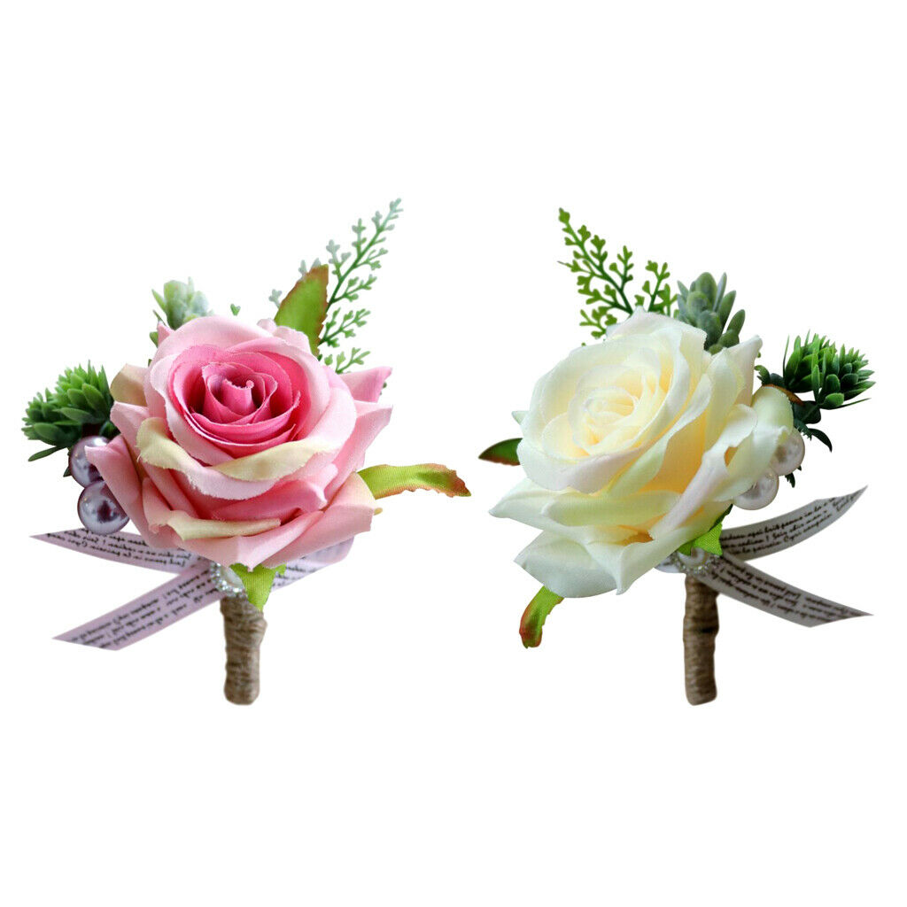 2pcs Rose Boutonniere Buttonhole Corsage Wedding Flowers Groom Bridal