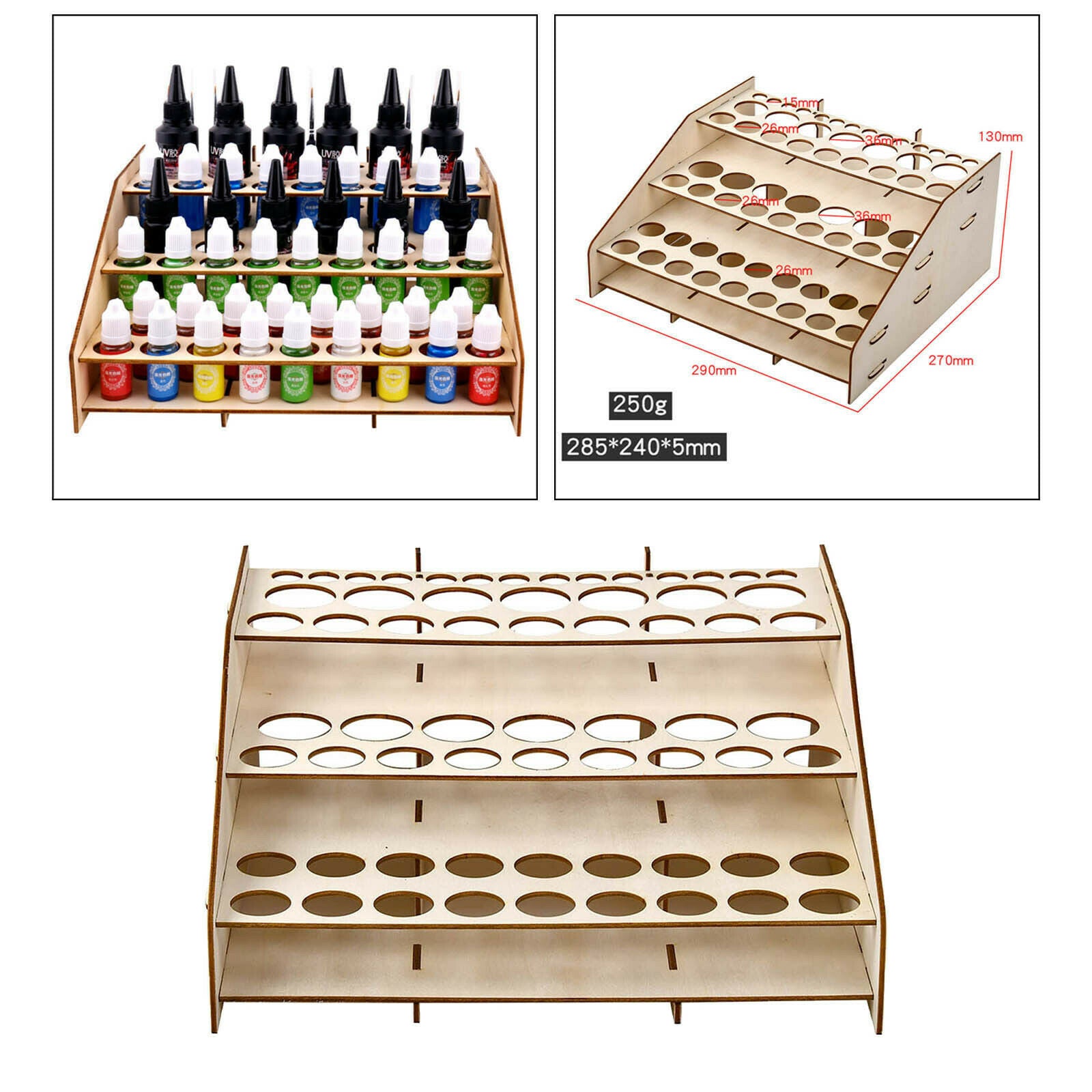 64-Holes Paint Bottle Rack Modular Organizer Wooden Storage Stand Holder