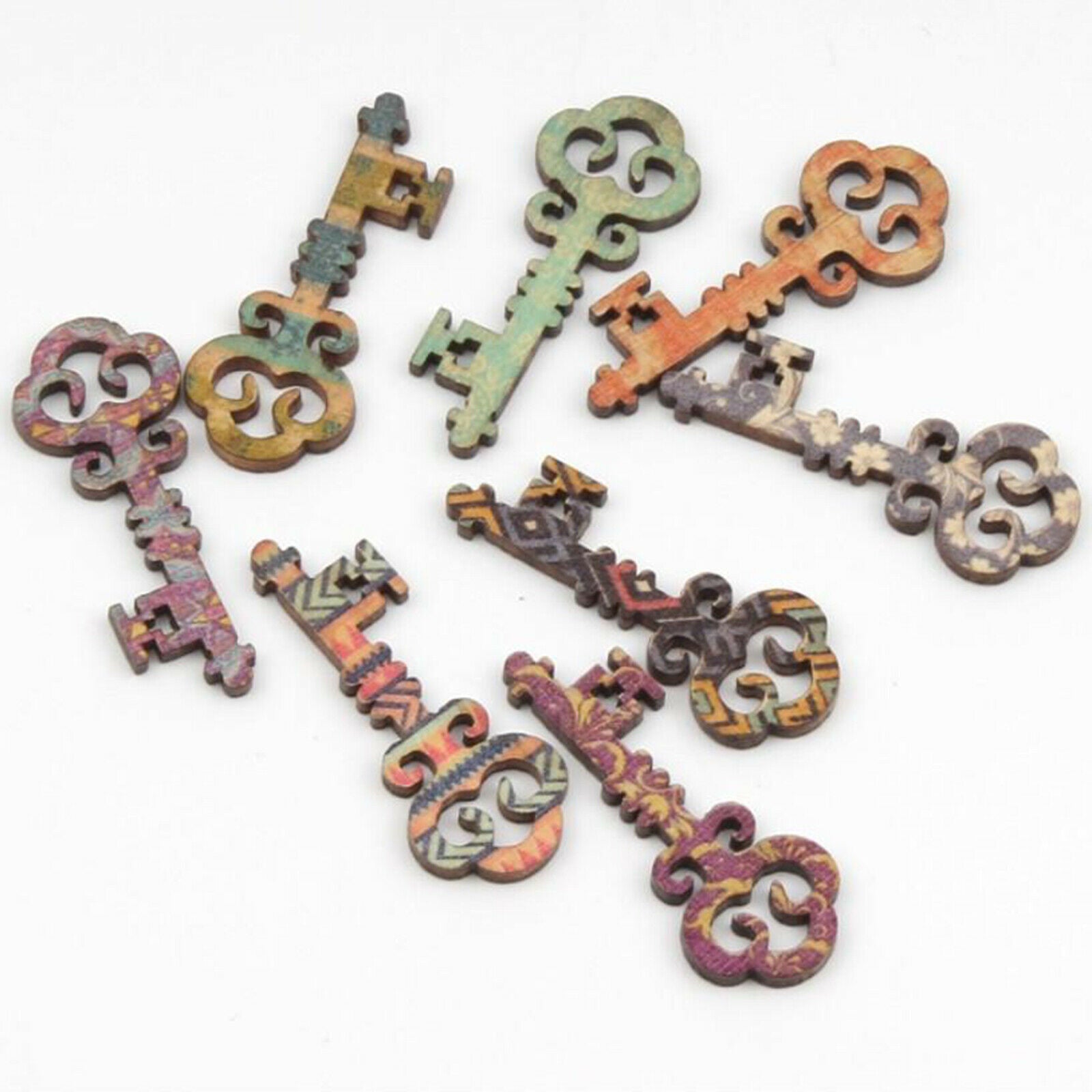 50x Natural Wood Key Shape Mini Craft Embellishment Bookmark Mixed Color