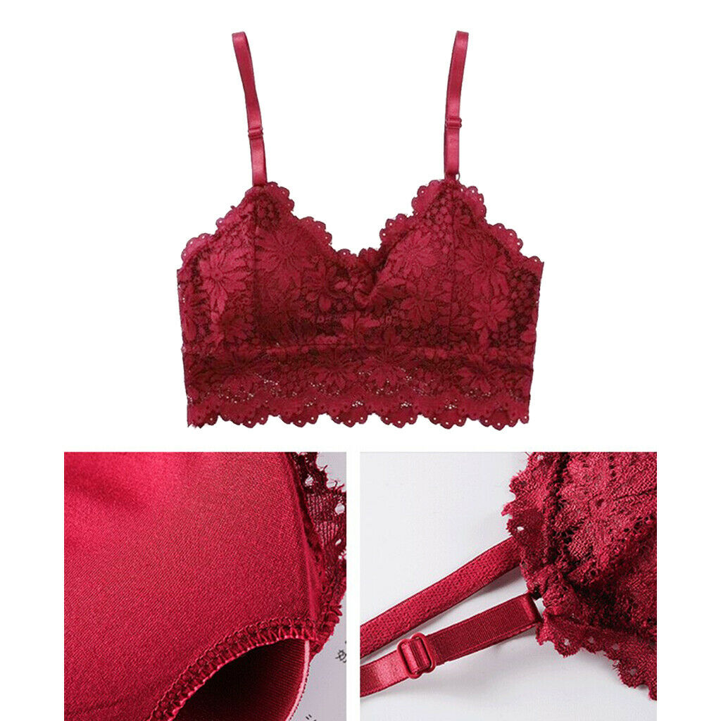 Womens Lace Floral Bralette Bra Bustier Padded Crop Top Tank Tops Wine Red