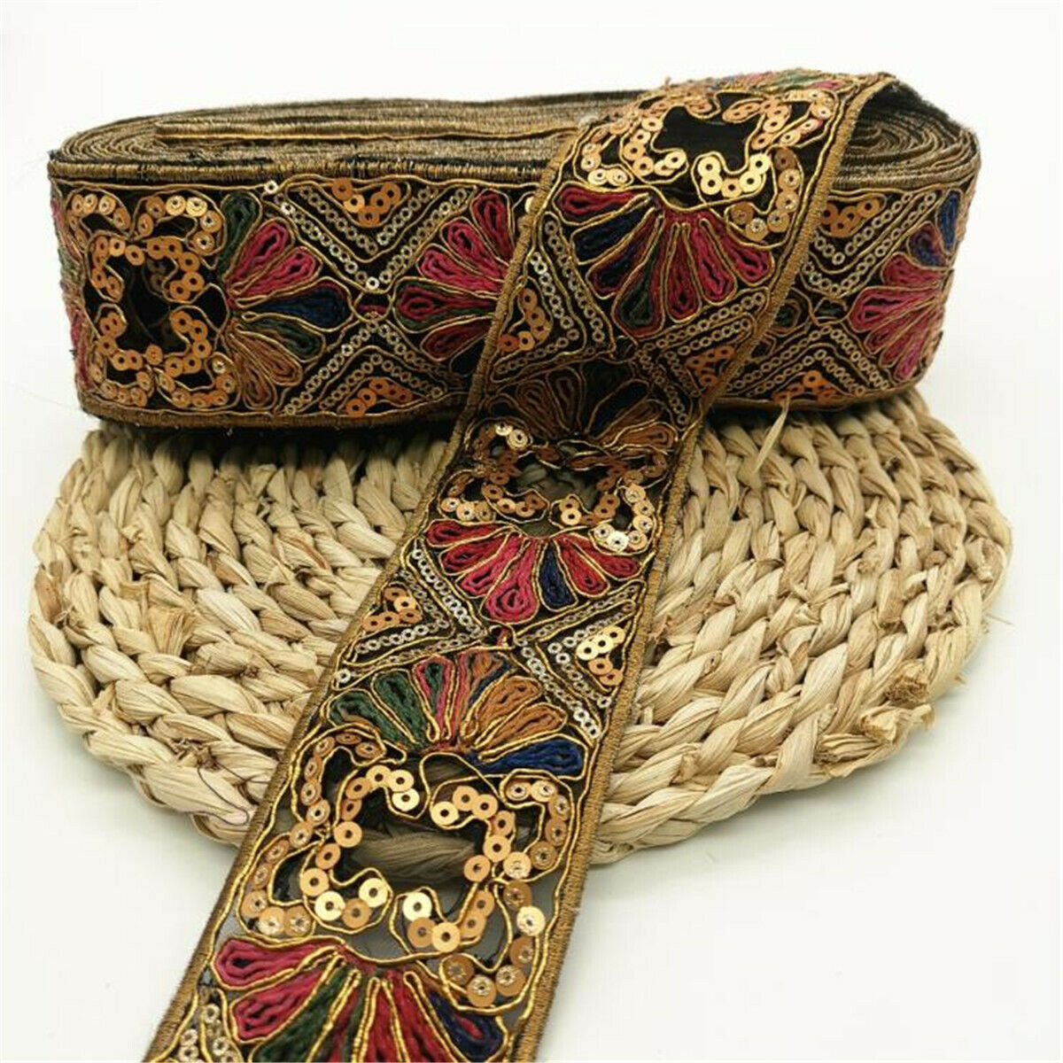 1 Yard Sequin Golden Thread Embroidered Lace Trim Ribbon DIY Clothing Sewing