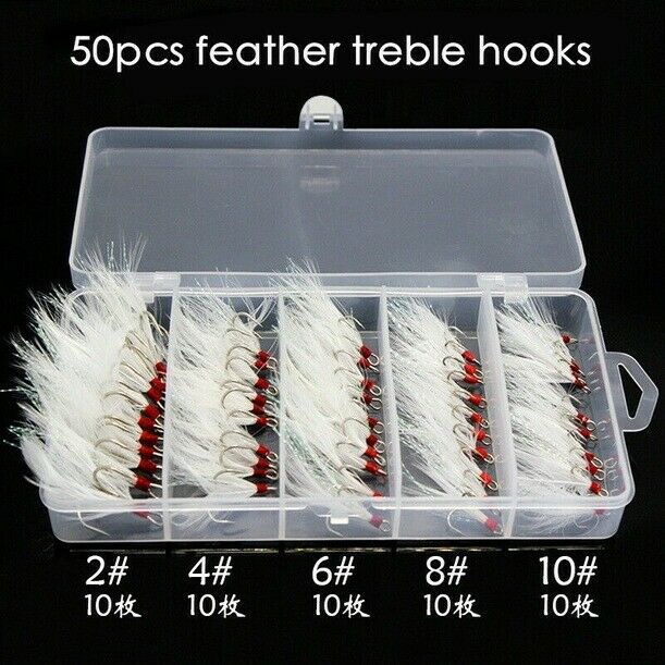 Lot 50* 2X Strong Fishing Treble Hooks White Feather Dressed 2/4/6/8/10# Tackles