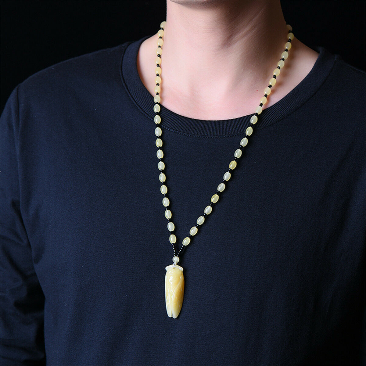 Natural Yellow Jade Cicada Carved Amulet Lucky Pendant Beads Necklace Jewelry
